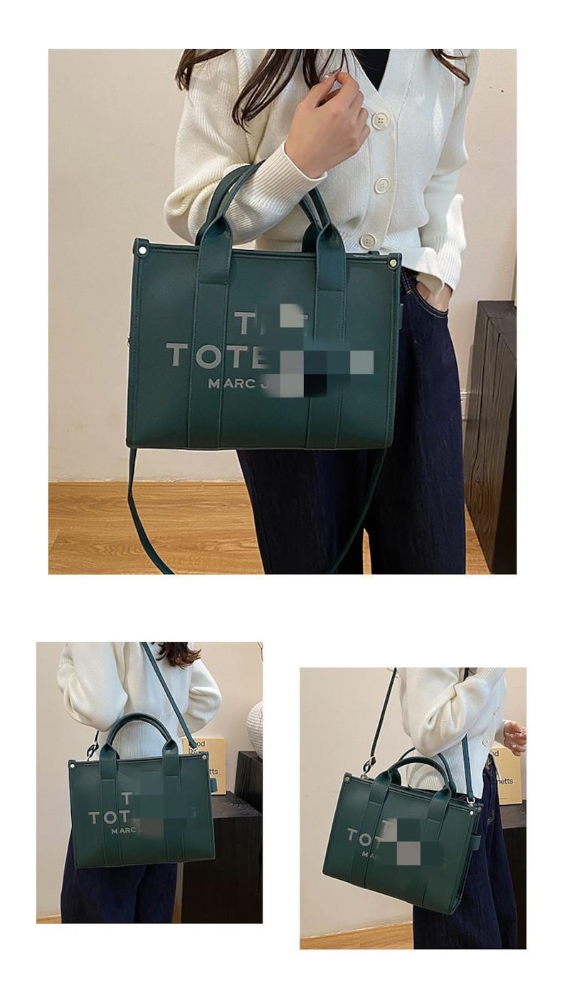 May include: A dark green tote bag with the word "TOTE" and "MARC J" printed on the front. The bag has two handles and a shoulder strap. The bag is made of a smooth material.