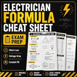Könnte beinhalten: Ein Formel-Spickzettel für Elektriker mit Berechnungen zu Ohmschem Gesetz, Leistung, Spannungsabfall und Leitungsfüllung. Die weißen Referenzkarten zeigen technische Formeln, Diagramme und Tabellen auf schwarzem Grund mit gelben Akzenten.