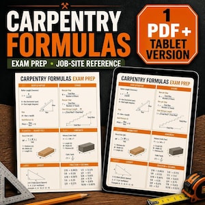 Könnte beinhalten: Ein Carpentry Formulas Prüfungsvorbereitungsleitfaden als PDF- und Tablet-Version. Das Dokument enthält orangefarbene und weiße Abschnitte mit Berechnungen für Dach, Sparren, Treppen, Holzvolumen, Beton und Layouts inklusive Diagrammen und Formeln.