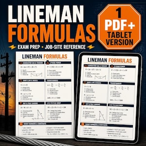 May include: A digital and printed reference guide titled Lineman Formulas featuring technical equations for conductor sag, 3-phase power, Ohm's law, transformers, guy and pole loading, line voltage drop, and handy constants on a white background.