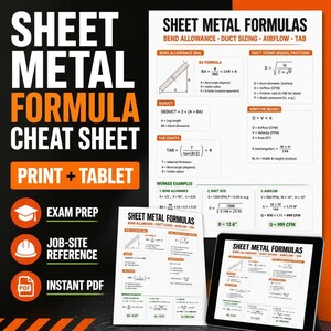 May include: A sheet metal formula cheat sheet featuring technical diagrams and equations for bend allowance, duct sizing, and airflow. The document includes text labels for exam prep, job-site reference, and instant PDF, presented on print and tablet.