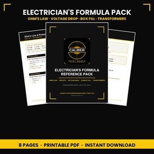 Può includere: Una guida di riferimento in PDF stampabile Electrician's Formula Pack con testo nero e giallo su pagine bianche. La copertina mostra il logo Caliber Print Works ed elenca argomenti tra cui la legge di Ohm, circuiti e trasformatori.