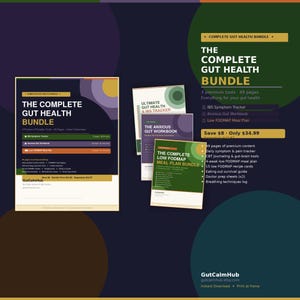Puede incluir: Un paquete digital de salud intestinal que incluye una hoja informativa grande y tres portadas de documentos más pequeñas. El texto incluye The Complete Gut Health Bundle, IBS Symptom Tracker, Anxious Gut Workbook y The Complete Low FODMAP Meal Plan Bundle.