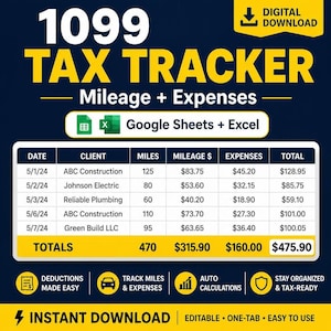 May include: A digital 1099 tax tracker spreadsheet for Google Sheets and Excel. The dark blue and yellow graphic displays a table with columns for date, client, miles, mileage dollars, expenses, and totals, featuring auto-calculation features.