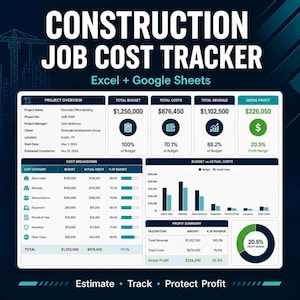 May include: A digital construction job cost tracker template for Excel and Google Sheets. The dashboard displays project overview data, total budget, costs, revenue, gross profit, a cost breakdown table, a bar chart, and a profit summary donut chart.