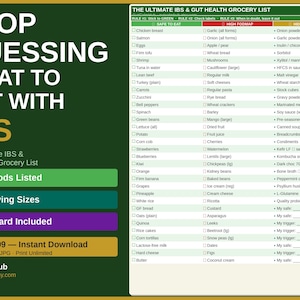 May include: A dark green informational chart titled The Ultimate IBS & Gut Health Grocery List. It features a three-column table categorizing foods as Safe to Eat, High FODMAP, or Hidden Triggers, with checkboxes and text lists for dietary guidance.