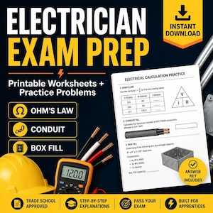 May include: Electrician exam prep printable worksheets and practice problems featuring Ohm's Law, conduit, and box fill calculations. Includes a yellow hard hat, a digital multimeter, electrical wires, and a practice sheet with an answer key.