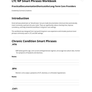 Op de afbeelding: Een wit werkboek getiteld "LTC NP Smart Phrases Workbook" met zwarte tekst. Het werkboek biedt documentatiesnelkoppelingen voor langdurige zorgverleners. De omslag bevat de naam van de maker en een bloemenontwerp.
