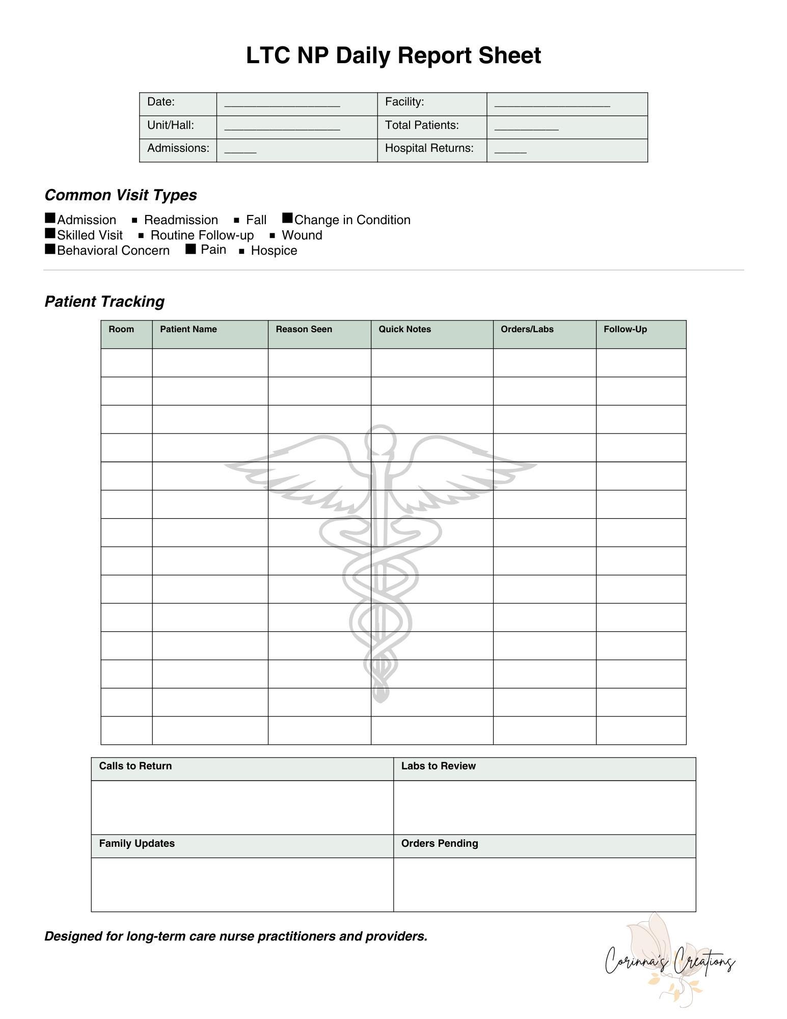 Long Term Care NP Report Sheet | SNF Rounding Template | Printable PDF ...
