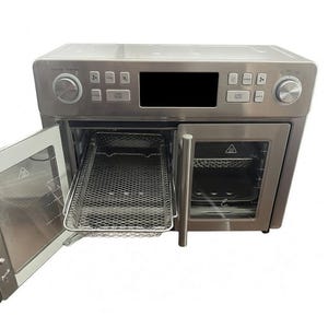 May include: A stainless steel air fryer oven with the door open, revealing a wire mesh basket and interior. The control panel features buttons and dials. The oven is designed for cooking various foods.