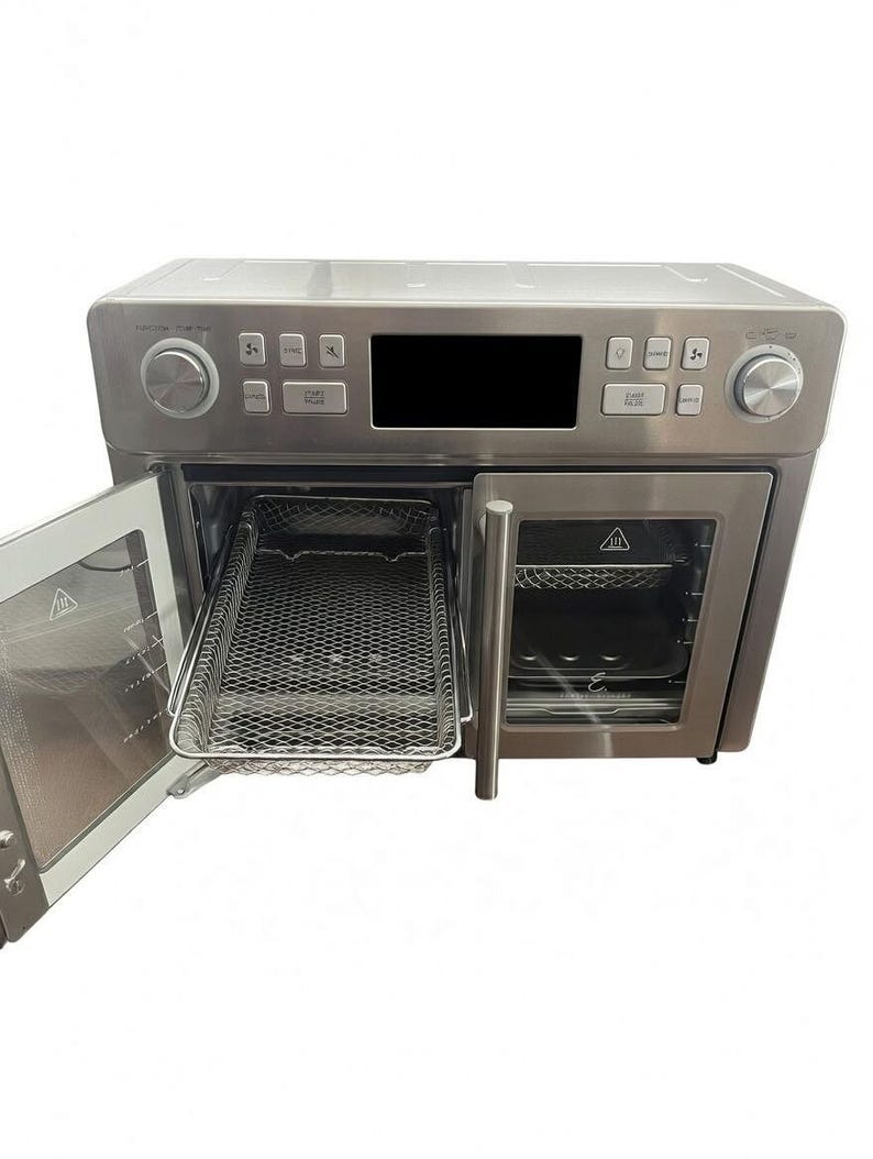 May include: A stainless steel air fryer oven with the door open, revealing a wire mesh basket and interior. The control panel features buttons and dials. The oven is designed for cooking various foods.