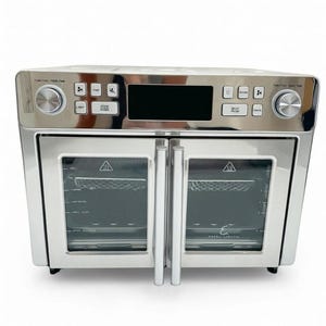 May include: A stainless steel air fryer oven with a digital display and control knobs. The appliance has two glass doors and multiple function buttons. The interior features a wire rack and visible heating elements. The brand name is visible on the front.