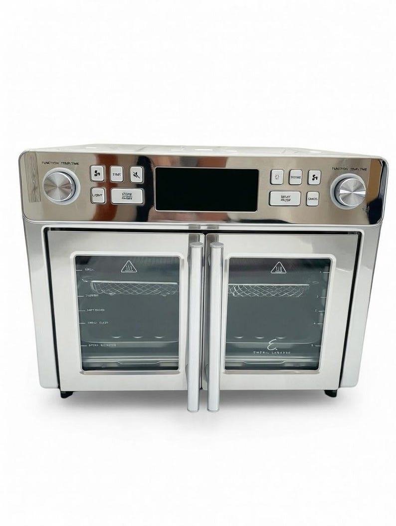 May include: A stainless steel air fryer oven with a digital display and control knobs. The appliance has two glass doors and multiple function buttons. The interior features a wire rack and visible heating elements. The brand name is visible on the front.