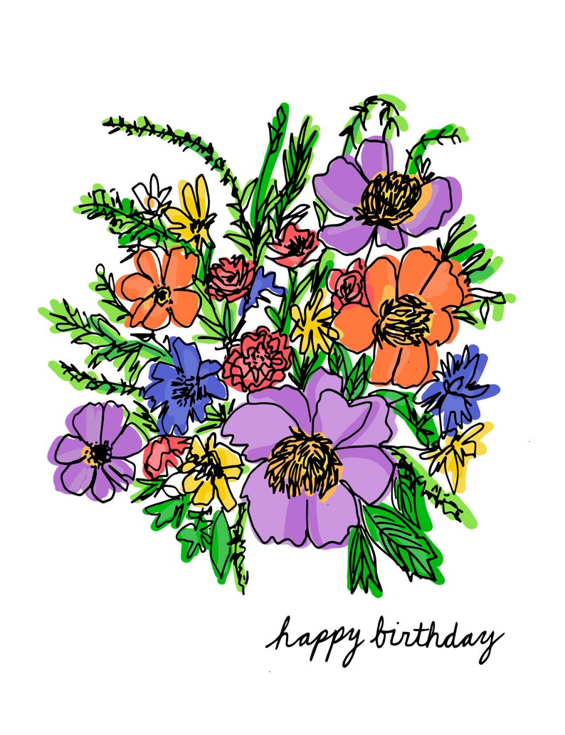 Floral Birthday Card, Floral Card, Birthday Card, Happy Birthday Card, Illustrated Card, Bestie Card image 2