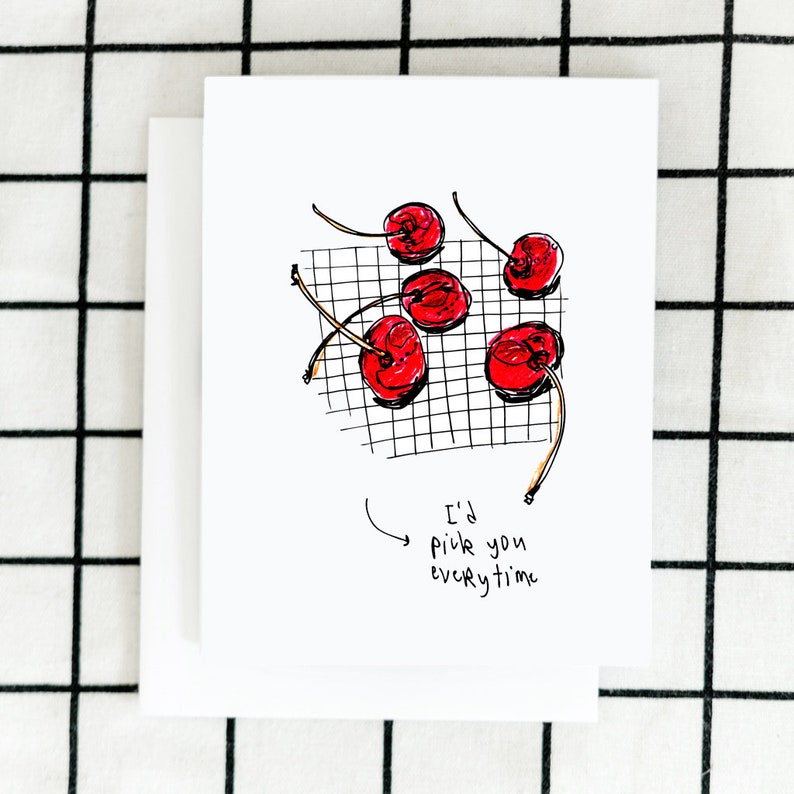 Pick You Card, Cherry Card, Besties Card, Greeting Card, Illustrated Card, Blank Note Card image 1