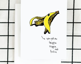Banana Peel Card, Banana Card, Falling For You Card, Valentine's Card, Greeting Card, Illustrated Card, Blank Note Card