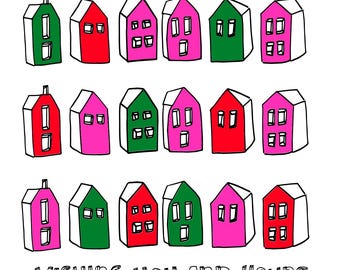 May include: A Christmas card with a whimsical illustration of a town with houses in red, green, and pink. The houses are lined up in rows with a crescent moon and stars in the sky. The text "Wishing you and yours a merry Christmas" is at the bottom of the card.