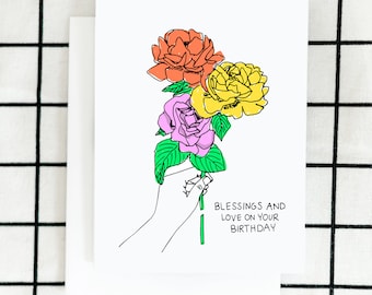 Blessings and Love Birthday Card, Floral Card, Birthday Card, Happy Birthday Card, Illustrated Card, Bestie Card