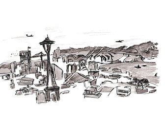 Seattle Skyline 5x7 Print, Space Needle Print, Illustrated Print, Art Print