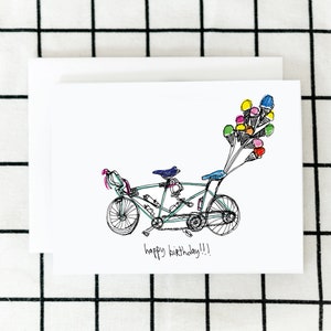 Happy Birthday Card, Tandem Bike Card, Illustrated Card, Blank Note Card