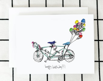 Happy Birthday Card, Tandem Bike Card, Illustrated Card, Blank Note Card