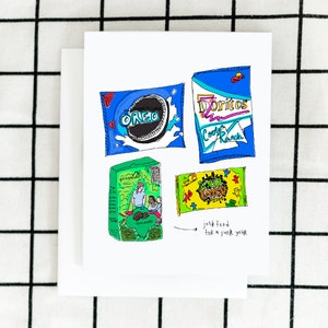 May include: A hand-drawn illustration of various junk food items, including a bag of Cool Ranch Doritos, a box of Girl Scout Thin Mints, a bag of Sour Patch Kids, and a package of Oreo cookies. The text "junk food for a junk year" is written below the image.