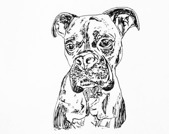 May include: Black and white line drawing of a boxer dog looking to the side. The dog has a serious expression and its ears are perked up.