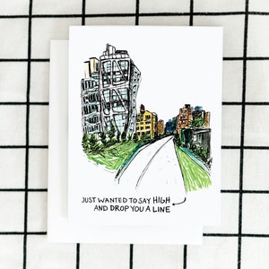 May include: A hand-drawn illustration of a tall, modern building with a unique, angular design. The building is set against a backdrop of a city street with other buildings and trees. The text "Just wanted to say high and drop you a line" is written below the image.