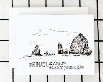 Oh Hay Card, Glad I Found You Card, Cannon Beach Card, Haystack Rock Card, Greeting Card, Illustrated Card, Blank Note Card