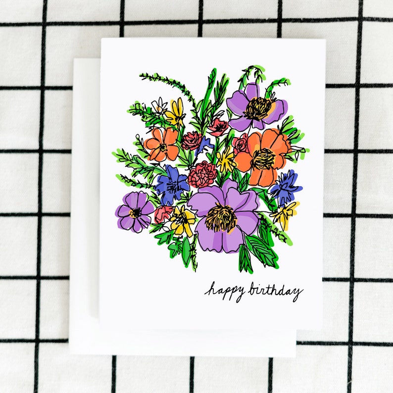 Floral Birthday Card, Floral Card, Birthday Card, Happy Birthday Card, Illustrated Card, Bestie Card image 1