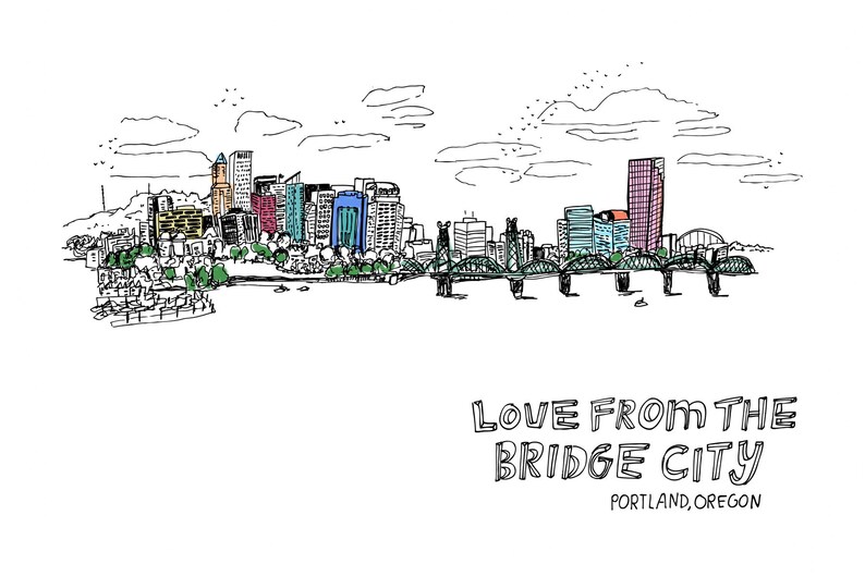 Love From The Bridge City Card, Portland Card, Oregon Card, Art Card, Bridge Card, Illustrated Card, Greeting Card, Blank Note Card image 2