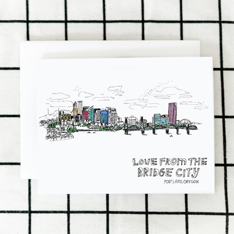 Love From The Bridge City Card, Portland Card, Oregon Card, Art Card, Bridge Card, Illustrated Card, Greeting Card, Blank Note Card image 1