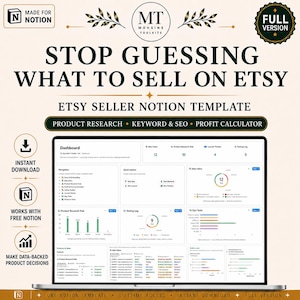 May include: A digital Notion template for Etsy sellers featuring a dashboard with product research, keyword and SEO tools, and a profit calculator. The interface displays charts, task lists, and data tracking modules for managing an online shop.