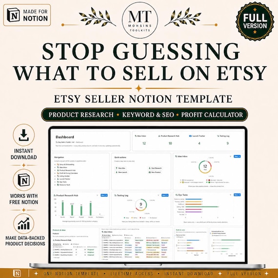 Etsy Seller Notion Template: Product Research, SEO Tracker & Pricing Calculator