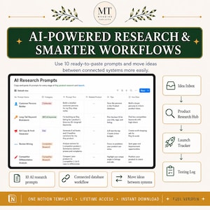 May include: A digital Notion template titled AI-Powered Research & Smarter Workflows featuring a table of AI research prompts. The layout includes a workflow diagram with icons for Idea Inbox, Product Research Hub, Launch Tracker, and Testing Log.