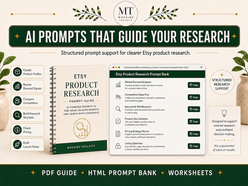 May include: A spiral-bound Etsy Product Research Prompt Guide with a cream cover and dark green accents, alongside a digital interface titled Etsy Product Research Prompt Bank featuring a list of research tools and copy buttons for structured support.