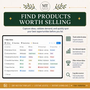 May include: A digital product template titled Find Products Worth Selling by Mohsins Toolkits. It features an Idea Inbox table with columns for Idea Name, Status, Niche, Demand Signal, and Source of Idea, alongside icons for tracking and filtering.