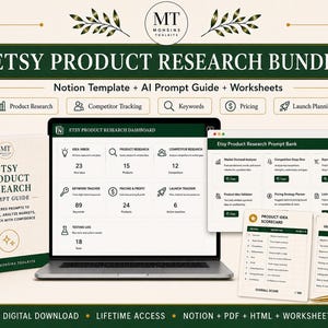 May include: An Etsy product research bundle featuring a Notion template, AI prompt guide, and worksheets. The display includes a laptop showing an Etsy product research dashboard, a prompt guide book, and printed scorecards and checklists.