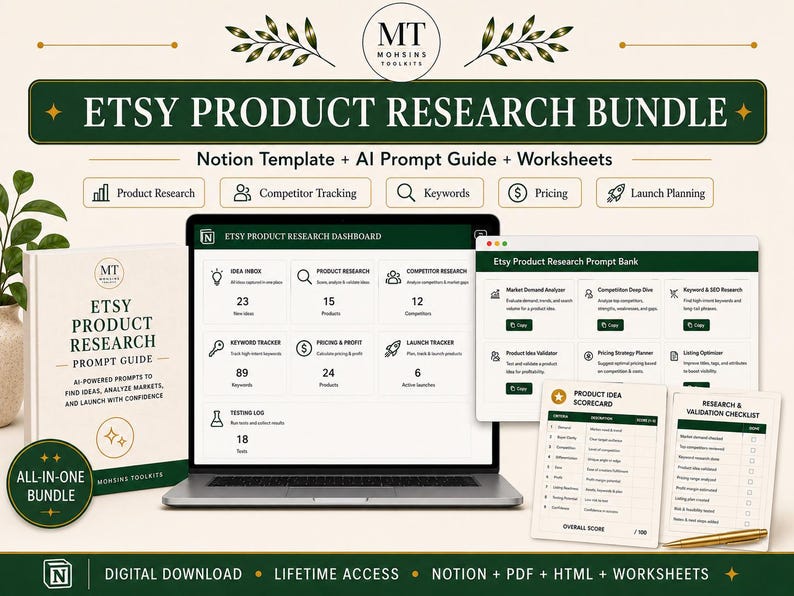 May include: An Etsy product research bundle featuring a Notion template, AI prompt guide, and worksheets. The display includes a laptop showing an Etsy product research dashboard, a prompt guide book, and printed scorecards and checklists.