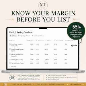 May include: A digital profit and pricing calculator displayed on a laptop screen. The interface shows columns for product names, selling prices, material costs, total costs, estimated profits, and profit margins in British pounds sterling.