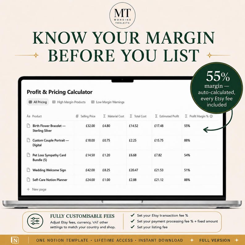 May include: A digital profit and pricing calculator displayed on a laptop screen. The interface shows columns for product names, selling prices, material costs, total costs, estimated profits, and profit margins in British pounds sterling.