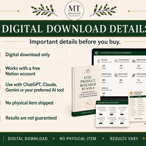 May include: A digital download product information graphic featuring the text Digital Download Details. It displays a Notion dashboard, a book titled Etsy Product Research Bundle, and research prompt cards. Icons indicate digital-only access.