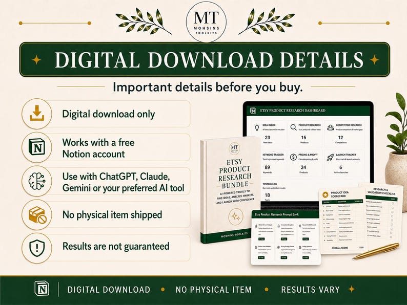 May include: A digital download product information graphic featuring the text Digital Download Details. It displays a Notion dashboard, a book titled Etsy Product Research Bundle, and research prompt cards. Icons indicate digital-only access.