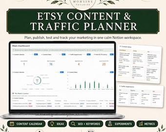 Etsy Content Planner Notion Template, Social Media Calendar and Traffic Tracker for Etsy Sellers