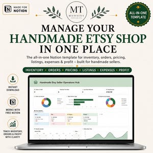 Op de afbeelding: Een digitaal Notion-sjabloon voor het beheer van een handgemaakte Etsy-winkel, weergegeven op een laptopscherm. De interface bevat een dashboard met grafieken, orderworkflows en tools voor het bijhouden van financiële gegevens en voorraad.