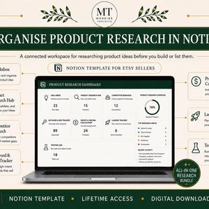 May include: A digital Notion template for Etsy sellers displayed on a laptop screen, featuring a product research dashboard with sections for idea inbox, competitor research, profit calculator, and launch tracker, organized in a dark green and white layout.