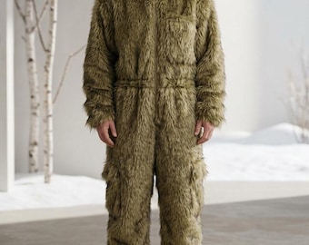 Shaggy Faux Fur Onesie Snowsuit, Full-Body Hooded Winter Jumpsuit