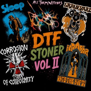 May include: A black graphic sheet featuring the text DTF STONER VOL II in orange, green, and pink. Surrounding designs include a hooded figure, a colorful abstract splatter, a goat head, a spiked skull with a red radiation symbol, and a person walking.
