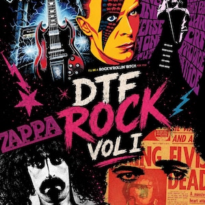 Puede incluir: Un cartel de rock and roll con AC/DC, David Bowie, Deep Purple y Frank Zappa. El cartel incluye una guitarra roja y negra, un retrato de David Bowie y el texto "DTF Rock Vol. 1."