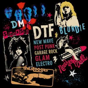 Puede incluir: Diseño gráfico negro con nombres de bandas como Blondie, The Stooges y New York Dolls. El diseño incluye el texto "DTF", "New Wave", "Post Punk", "Garage Rock", "Glam" y "Electro".